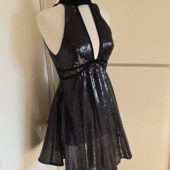 Free People  Womens Black Film Noir Sequin Deep V Sleeveless Mini Dress, NWOT, s - Picture 5 of 10